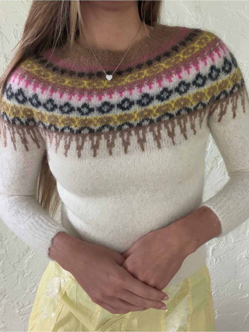 Stefanel Cream Fair Isle Crewneck Sweater with Pink, Mustard & Brown Accents